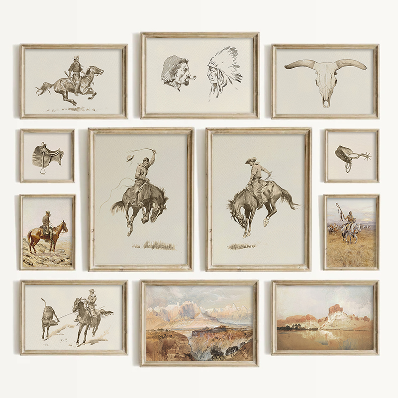 Vintage Collectible Toys - 南西部スタイルのカウボーイウォールアート、ヴィンテージ風ウェスタンプリント、リビングルームの装飾、アメリカンカントリー風ギャラリーポスターセット