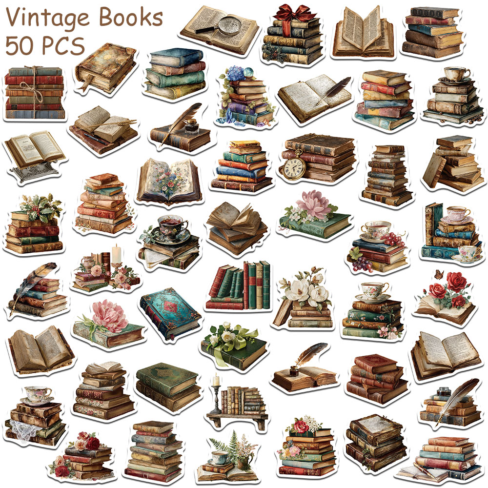 50 個ヴィンテージブックステッカーデカールラップトップスク - Vintage Things Collection のレビューと価格